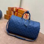Louis Vuitton LV Unisex Keepall Bandoulière 50 Weekend Bag Denim Blue Cowhide Leather – Image 2