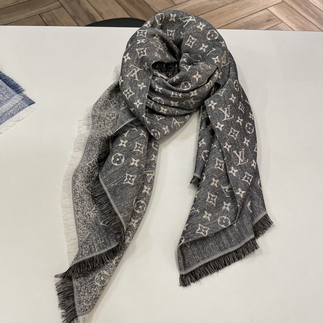 Louis Vuitton LV Unisex Monogram Jacquard Denim Shawl Gray Cotton Wool Silk (6)