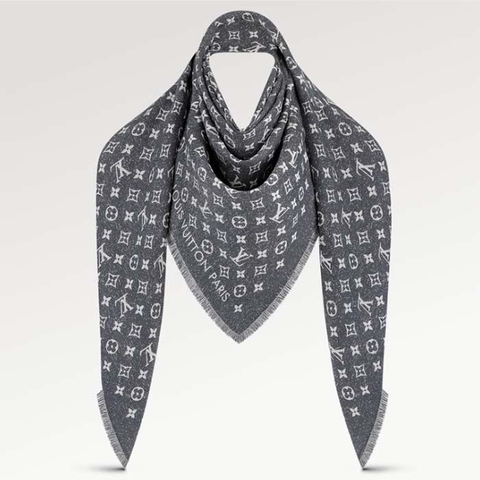 Louis Vuitton LV Unisex Monogram Jacquard Denim Shawl Gray Cotton Wool Silk
