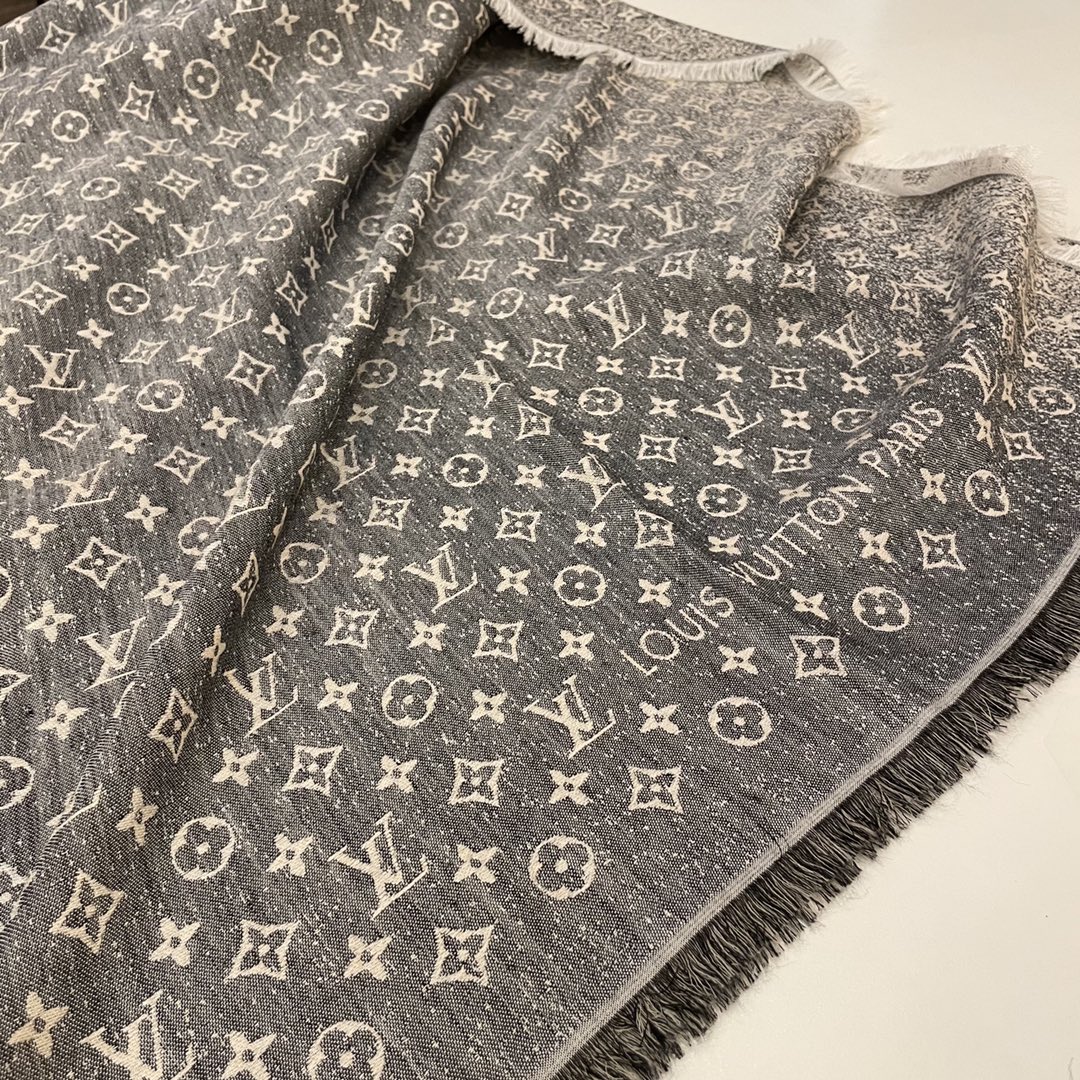 Louis Vuitton LV Unisex Monogram Jacquard Denim Shawl Gray Cotton Wool Silk (8)