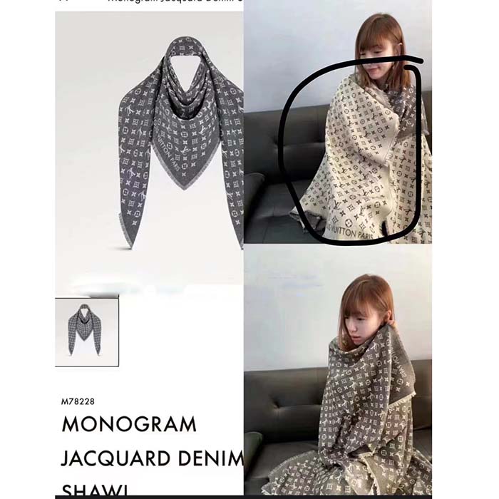 Louis Vuitton LV Unisex Monogram Jacquard Denim Shawl Gray Cotton Wool Silk (9)