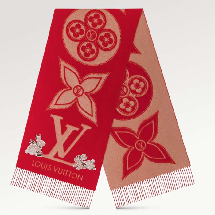 Louis Vuitton LV Unisex Precious Rabbit Reykjavik Scarf Red Cashmere Monogram Flowers