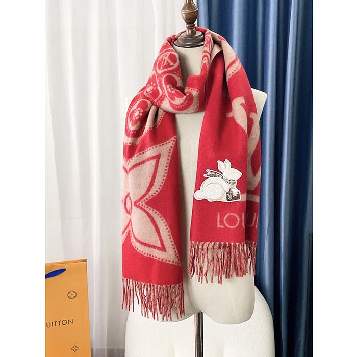 Louis Vuitton LV Unisex Precious Rabbit Reykjavik Scarf Red Cashmere  Monogram Flowers - LULUX