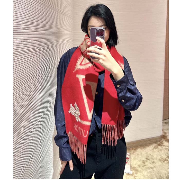 Louis Vuitton LV Unisex Precious Rabbit Reykjavik Scarf Red Cashmere  Monogram Flowers - LULUX