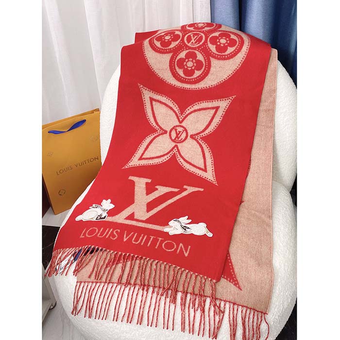 Louis Vuitton LV Unisex Precious Rabbit Reykjavik Scarf Red Cashmere  Monogram Flowers - LULUX