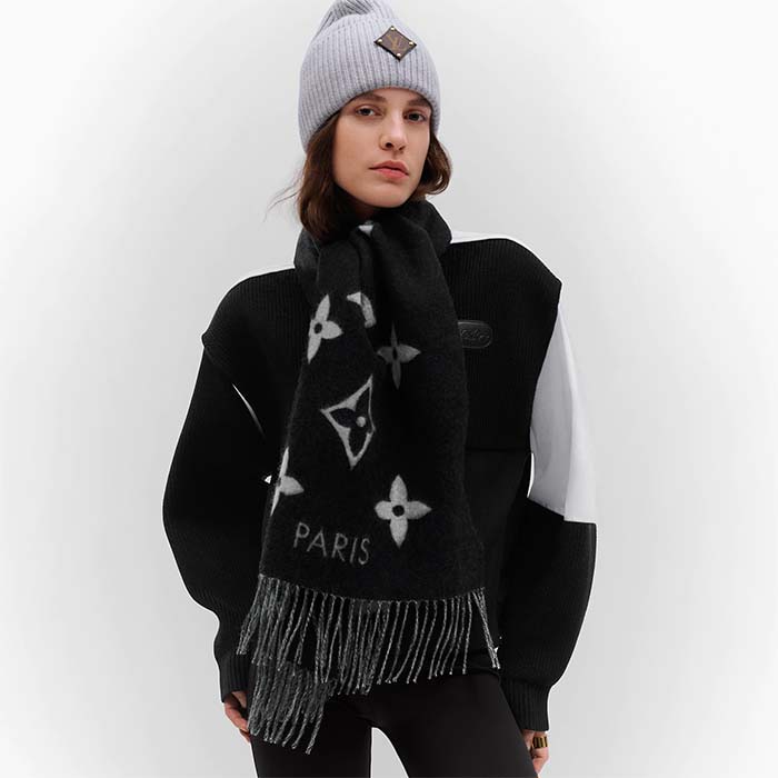 Louis Vuitton LV Unisex Reykjavik Scarf Black Soft Cashmere Monogram Pattern