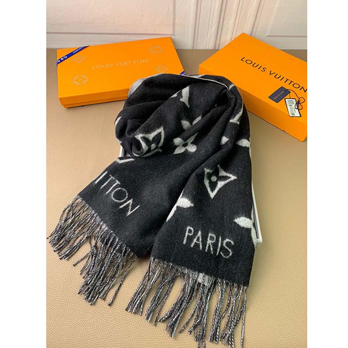 LOUIS VUITTON Cashmere Monogram Reykjavik Scarf Black 409211