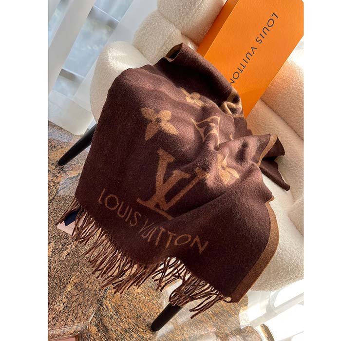 LOUIS VUITTON Cashmere Monogram Reykjavik Scarf Dark Brown 1289434