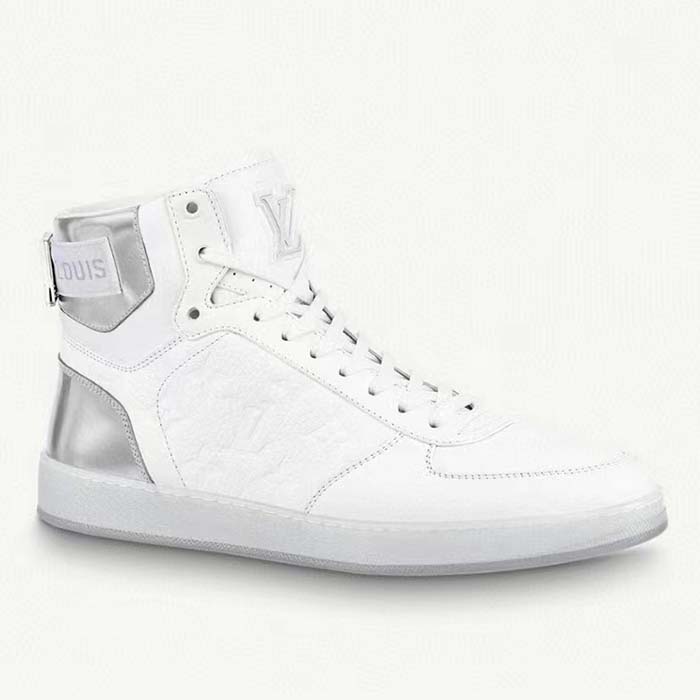 Louis Vuitton LV Unisex Rivoli Sneaker Boot Silver White Calf Leather Monogram Canvas