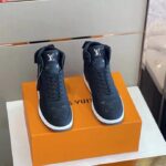 Louis Vuitton LV Unisex Rivoli Sneaker Boot Black Calf Leather Monogram Metallic Canvas - Image 4