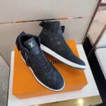 Louis Vuitton LV Unisex Rivoli Sneaker Boot Black Calf Leather Monogram Metallic Canvas - Image 5