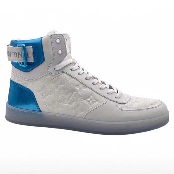 Louis Vuitton LV Unisex Rivoli Sneaker Boot Blue White Calf Leather Monogram Canvas
