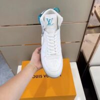 Louis Vuitton LV Unisex Rivoli Sneaker Boot Blue White Calf Leather Monogram Canvas (2)