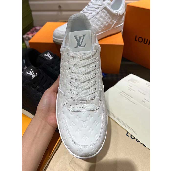 Louis Vuitton LV Unisex Rivoli Sneaker White Mini Monogram Embossed Calf Leather Rubber (16)