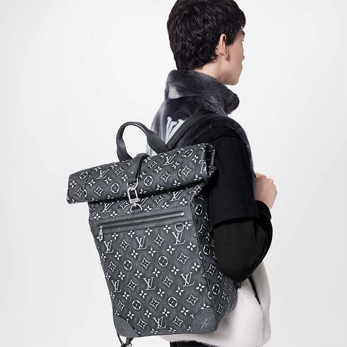 Louis Vuitton LV Unisex Roll Top Backpack Black Charcoal Cowhide Leather (10)