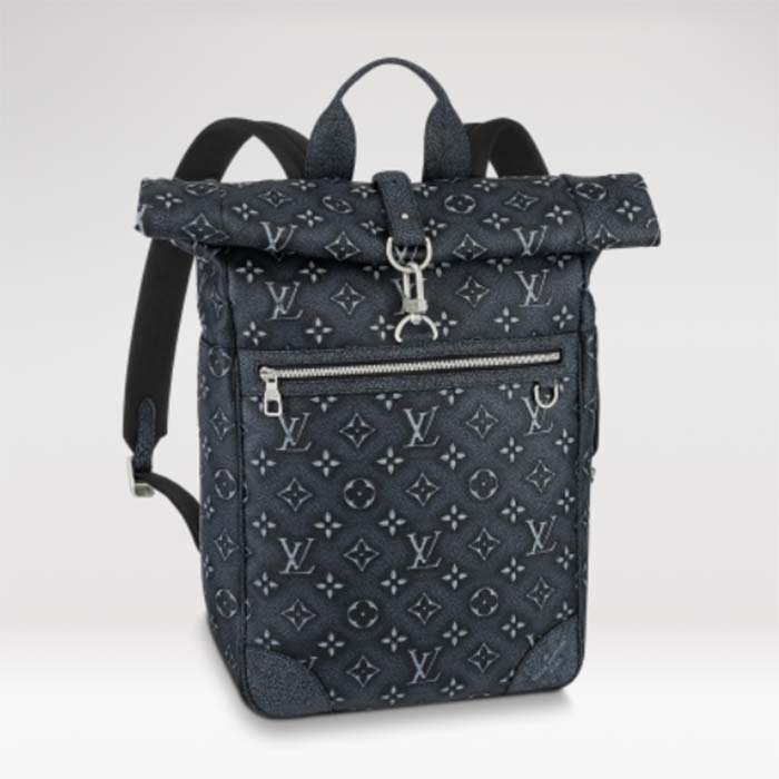 Louis Vuitton LV Unisex Roll Top Backpack Black Charcoal Cowhide Leather (9)