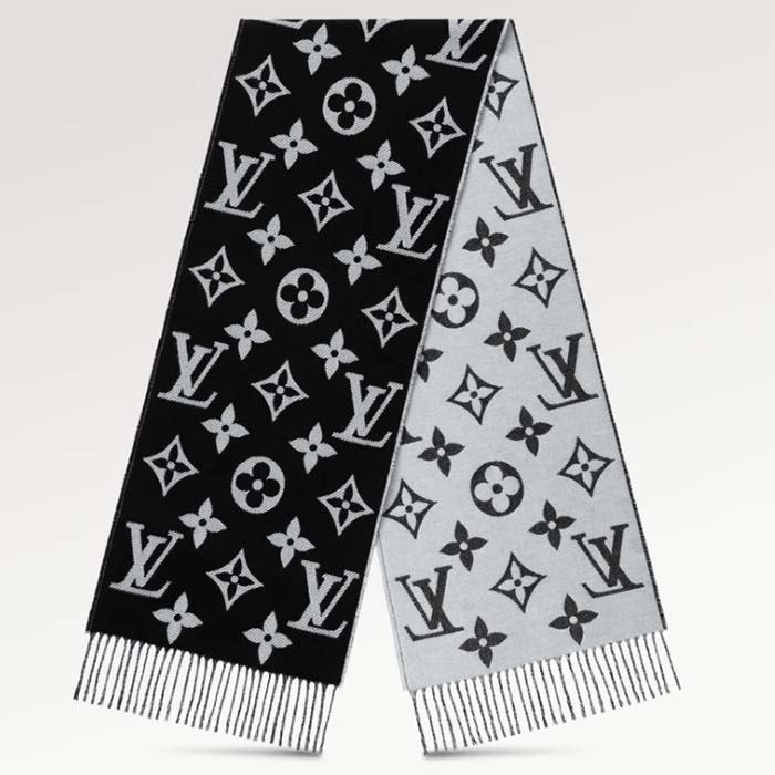 Louis Vuitton LV Unisex Simply LV Scarf Black Fringed Finish Contrasting  Monogram Motif - LULUX