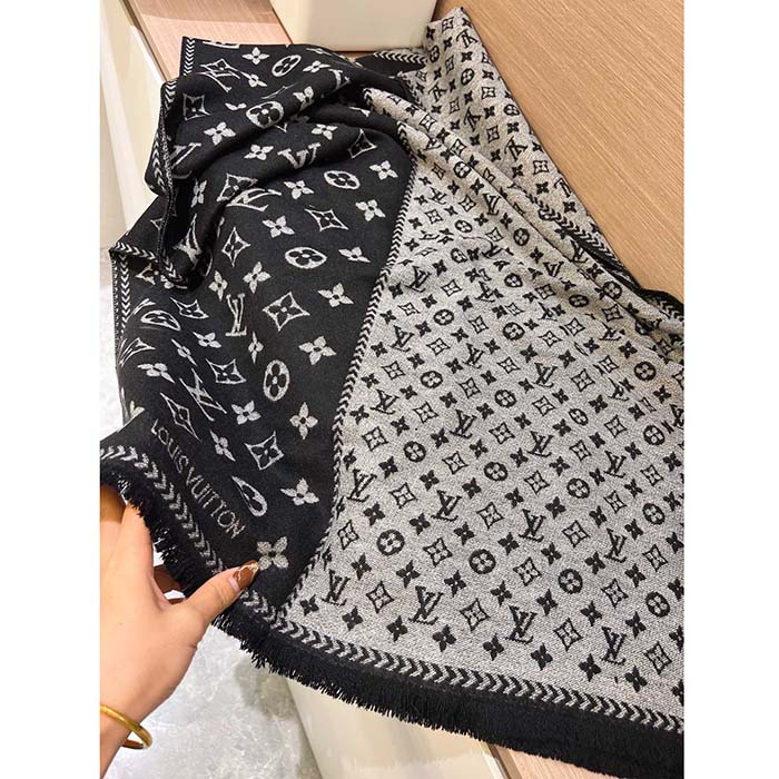 Louis Vuitton LV Unisex Simply LV Scarf Black Fringed Finish Contrasting  Monogram Motif - LULUX