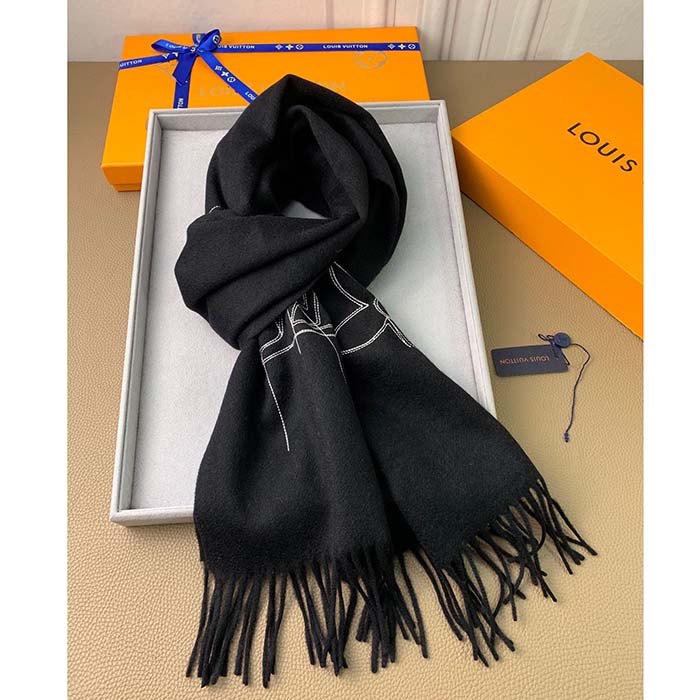 LOUIS VUITTON Wool Simply LV Scarf Black 1300296