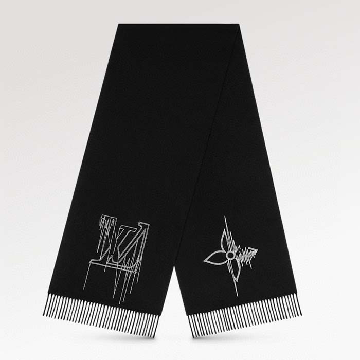Louis Vuitton LV Unisex Stitch Scarf Black Monogram Flowers Wool Cashmere Jacquard