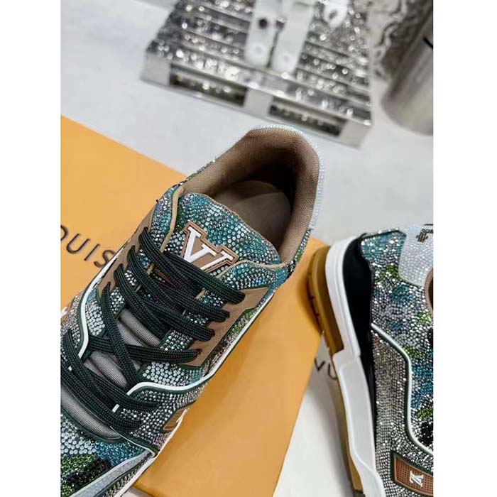Louis Vuitton LV Unisex Trainer Sneaker Khaki Green Strass Rubber Monogram Flowers (11)