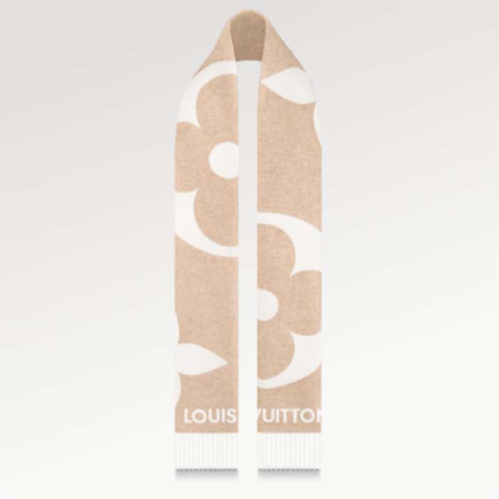 Louis Vuitton LV Unisex Ultimate Shine Scarf Beige Allover Monogram Pattern Fringe Finish