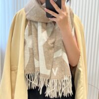 Louis Vuitton LV Unisex Ultimate Shine Scarf Beige Allover Monogram Pattern Fringe Finish (1)