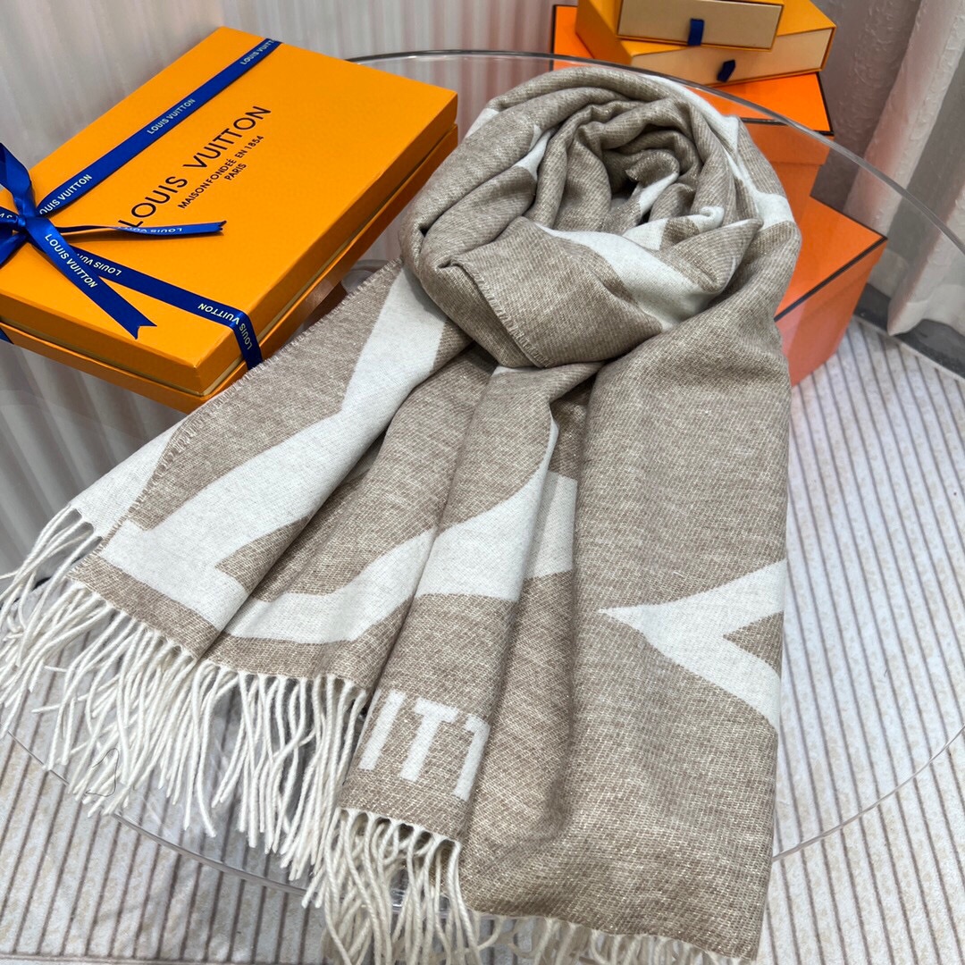 Louis Vuitton, Accessories, Louis Vuitton Offwhitegray Lv Logo 0 Silk  Scarf Wfringe 8 X 70 Mu