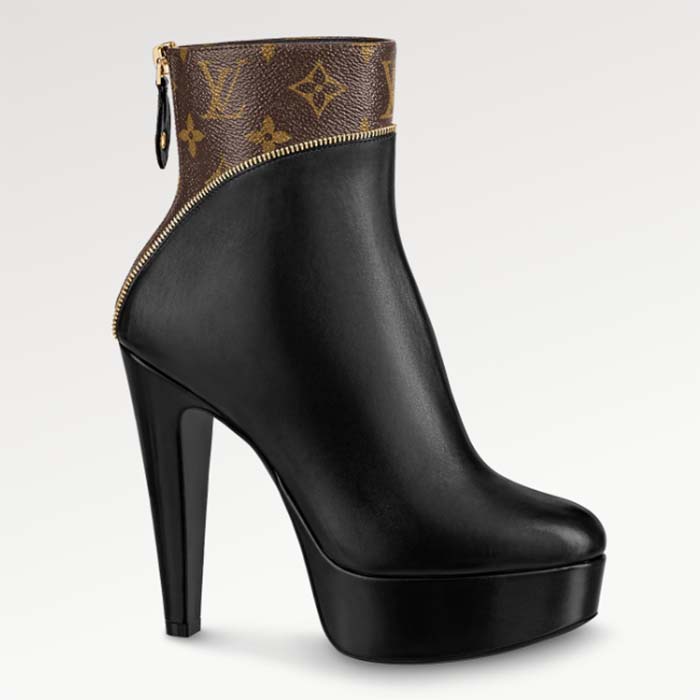 Louis Vuitton LV Women Afterglow Platform Ankle Boot Black Calf Patent Monogram Canvas
