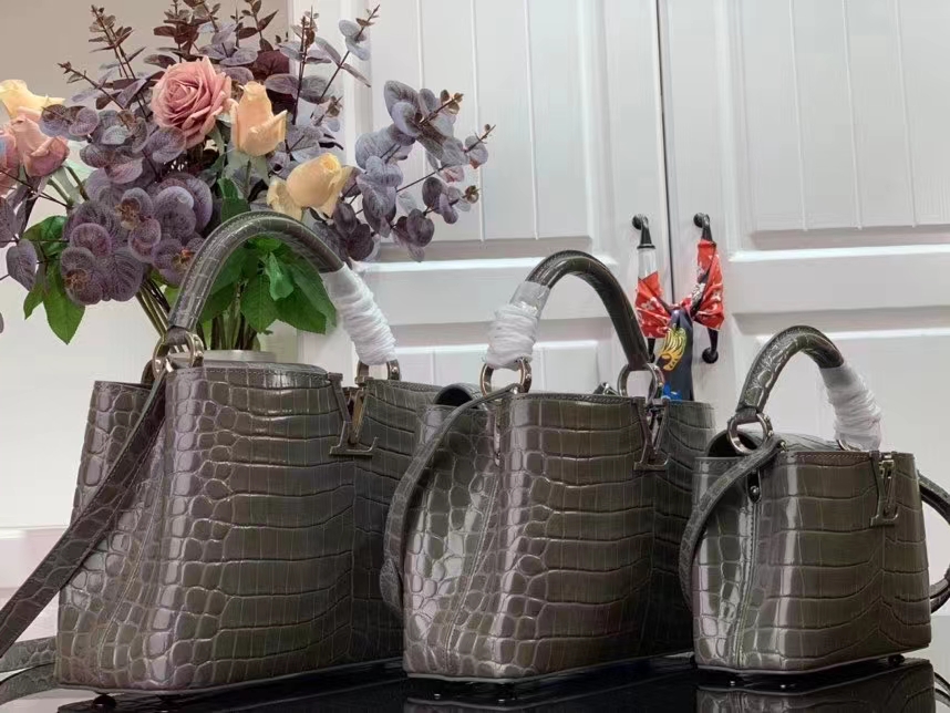Louis Vuitton LV Women Capucines BB Handbag Grey Crocodilien Brillant Savoir Faire (12)