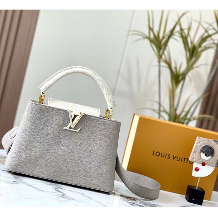 Louis Vuitton LV Women Capucines MM Handbag Steeple Gray Greige Taurillon Leather (7)