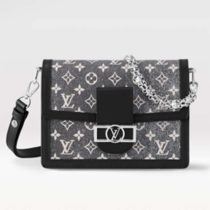 Louis Vuitton LV Women Dauphine MM Handbag Gray Denim Textile Jacquard
