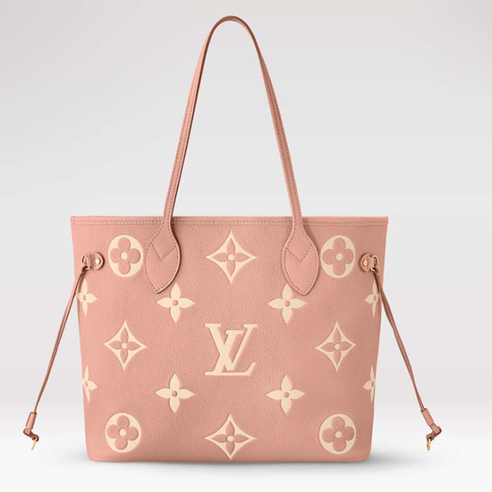 Louis Vuitton “Neverfull MM” Tote coated fabric cowhide leather trim.