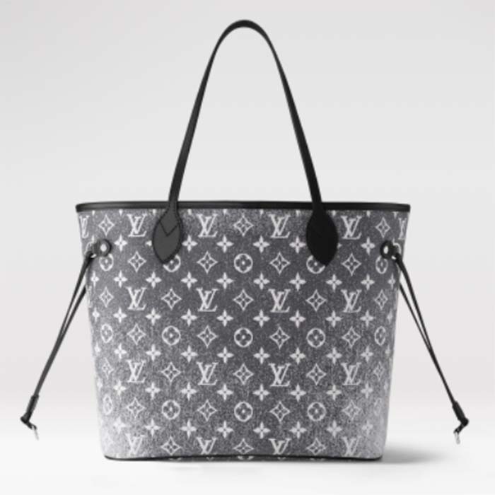 Louis Vuitton LV Women Neverfull MM Tote Gray Denim Textile Jacquard