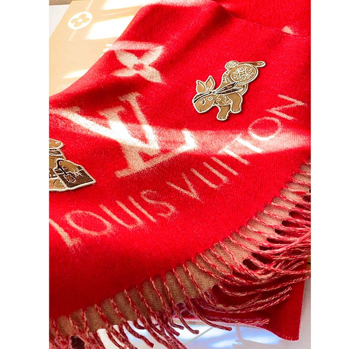 Louis Vuitton LV Women Precious Rabbit Essential Scarf Red Wool Jacquard Monogram (7)