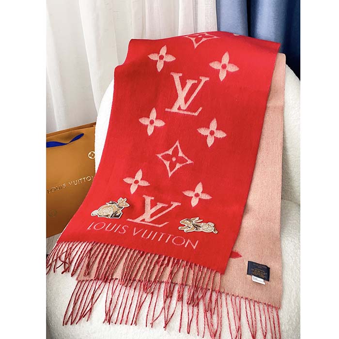 Louis Vuitton LV Women Precious Rabbit Essential Scarf Red Wool Jacquard Monogram (8)