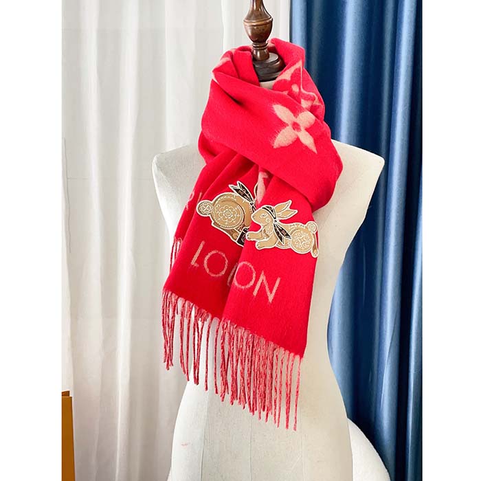 Louis Vuitton LV Women Precious Rabbit Essential Scarf Red Wool Jacquard Monogram (9)