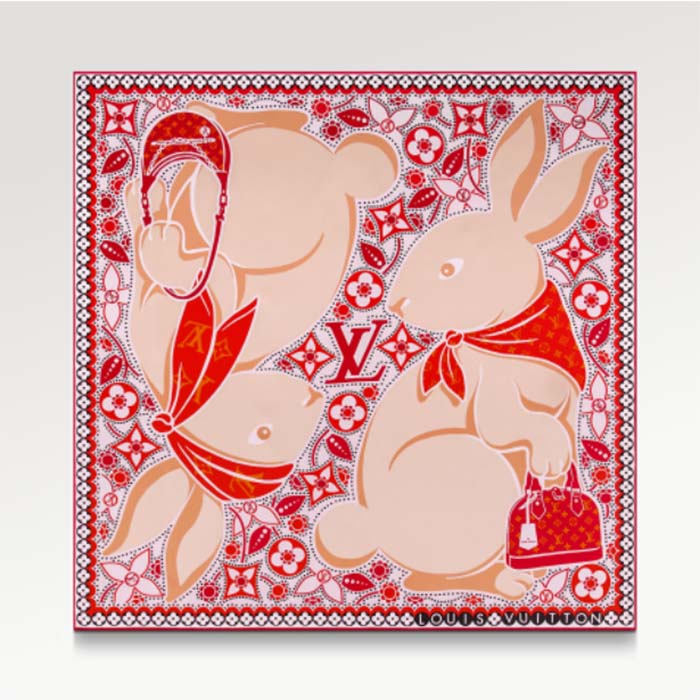Louis Vuitton LV Women Precious Rabbit Square 70 Red Silk-Screen Print Monogram Flowers