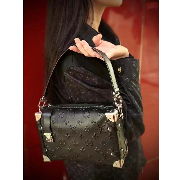 Louis Vuitton LV Women Side Trunk PM Handbag Petite Malle Black Calfskin (11)