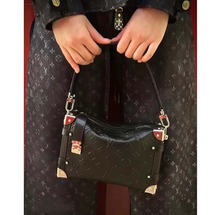 Louis Vuitton LV Women Side Trunk PM Handbag Petite Malle Black Calfskin (12)