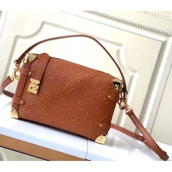 Louis Vuitton LV Women Side Trunk PM Handbag Petite Malle Tan Brown Calfskin (6)