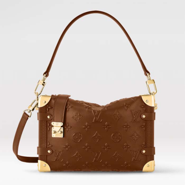 Louis Vuitton LV Women Side Trunk PM Handbag Petite Malle Tan Brown Calfskin