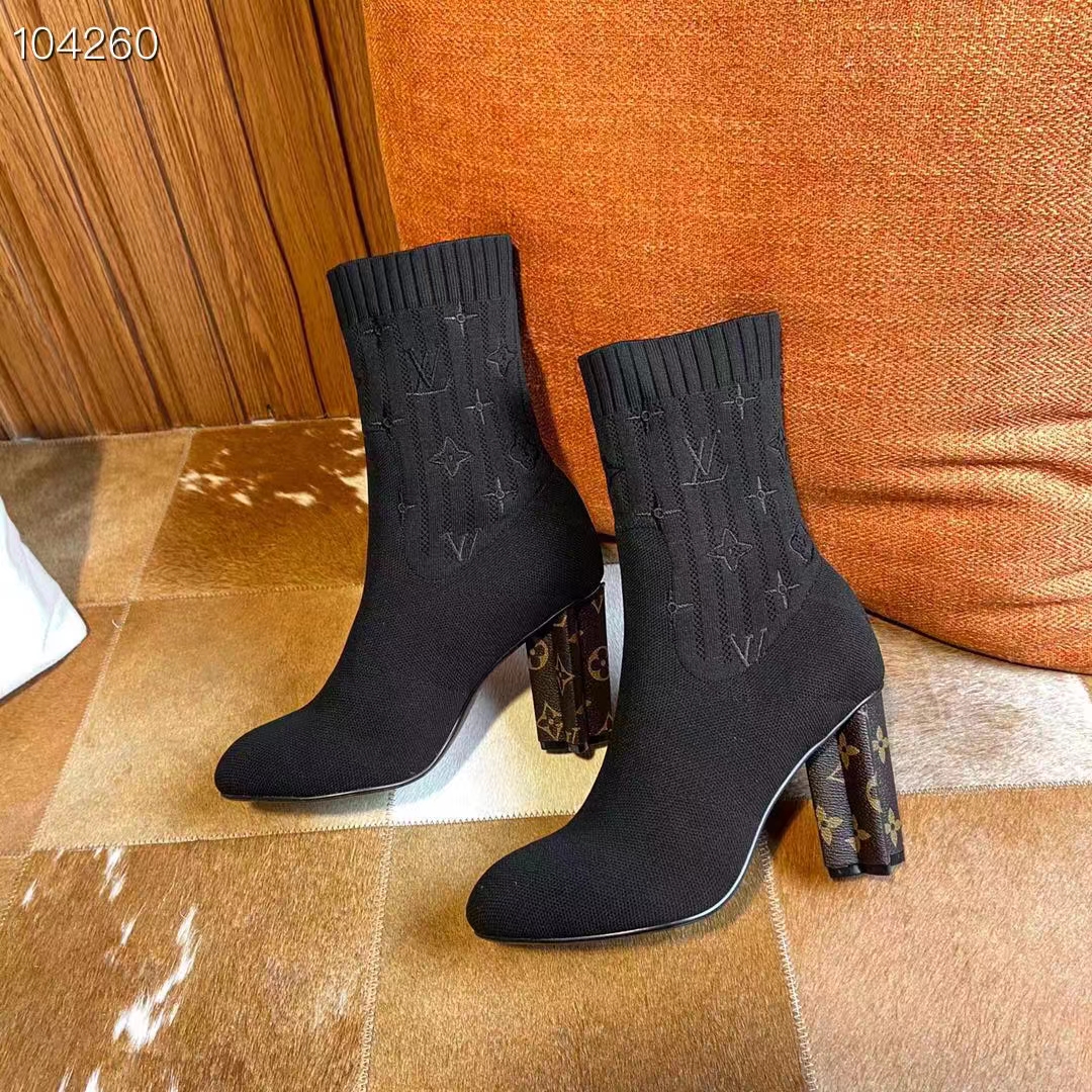 Louis Vuitton LV Women Silhouette Ankle Boot Black Stretch Textile Patent Monogram Canvas (6)