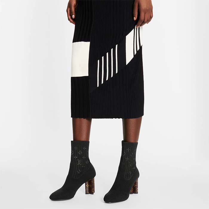 Louis Vuitton LV Women Silhouette Ankle Boot Black Stretch Textile Patent Monogram Canvas (9)