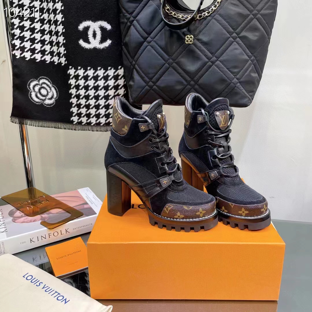 Louis Vuitton LV Women Star Trail Ankle Boot Black Mix Materials Treaded Rubber 9.5 Cm Heel (1)