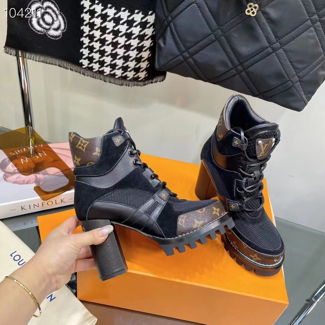 Louis Vuitton LV Women Star Trail Ankle Boot Black Mix Materials Treaded Rubber 9.5 Cm Heel (2)