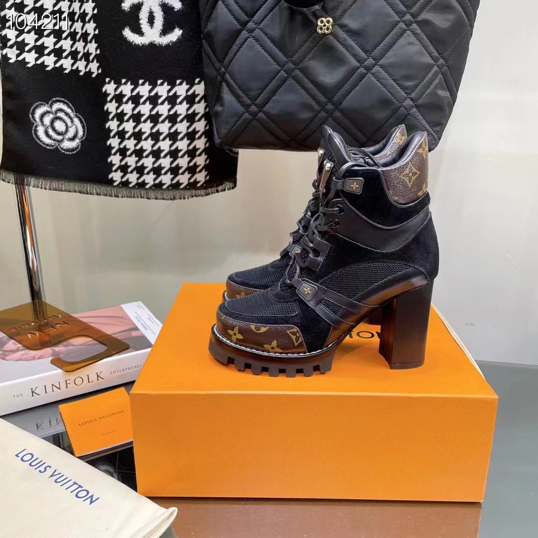 Louis Vuitton LV Women Star Trail Ankle Boot Black Mix Materials Treaded Rubber 9.5 Cm Heel (3)