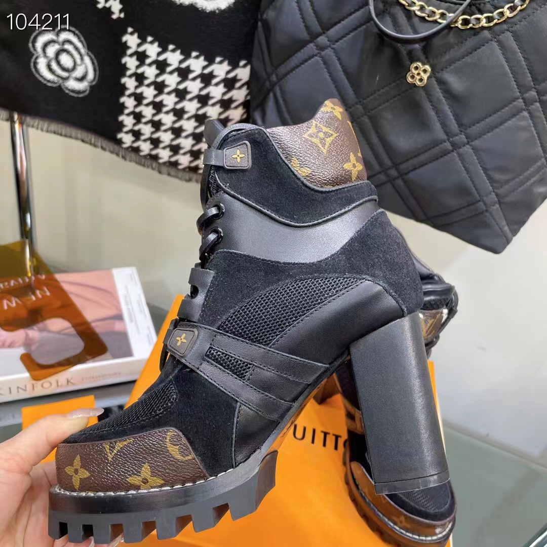 Louis Vuitton LV Women Star Trail Ankle Boot Black Mix Materials Treaded Rubber 9.5 Cm Heel (6)