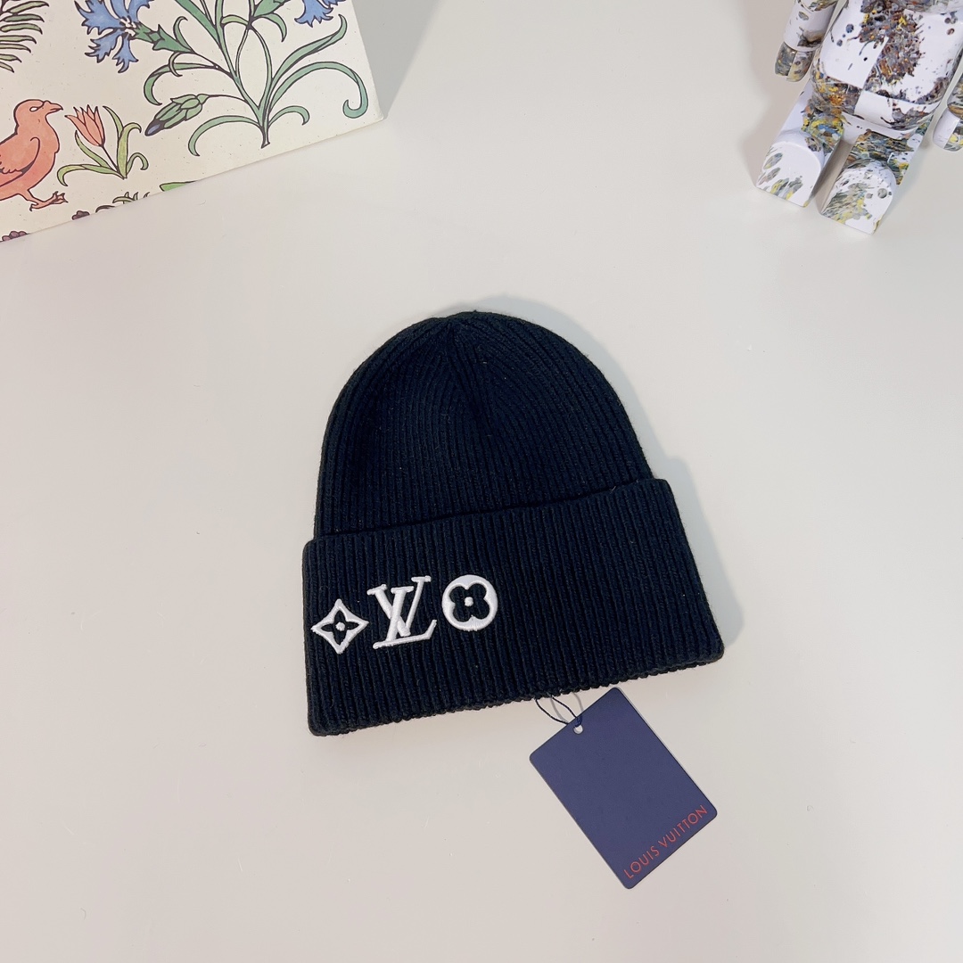 Louis Vuitton Unisex LV Headline Beanie Black Wool Monogram Flowers