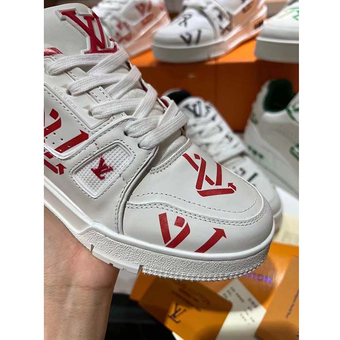Louis Vuitton Unisex LV Trainer Sneaker Red Mix Sustainable Materials Monogram Flowers (12)